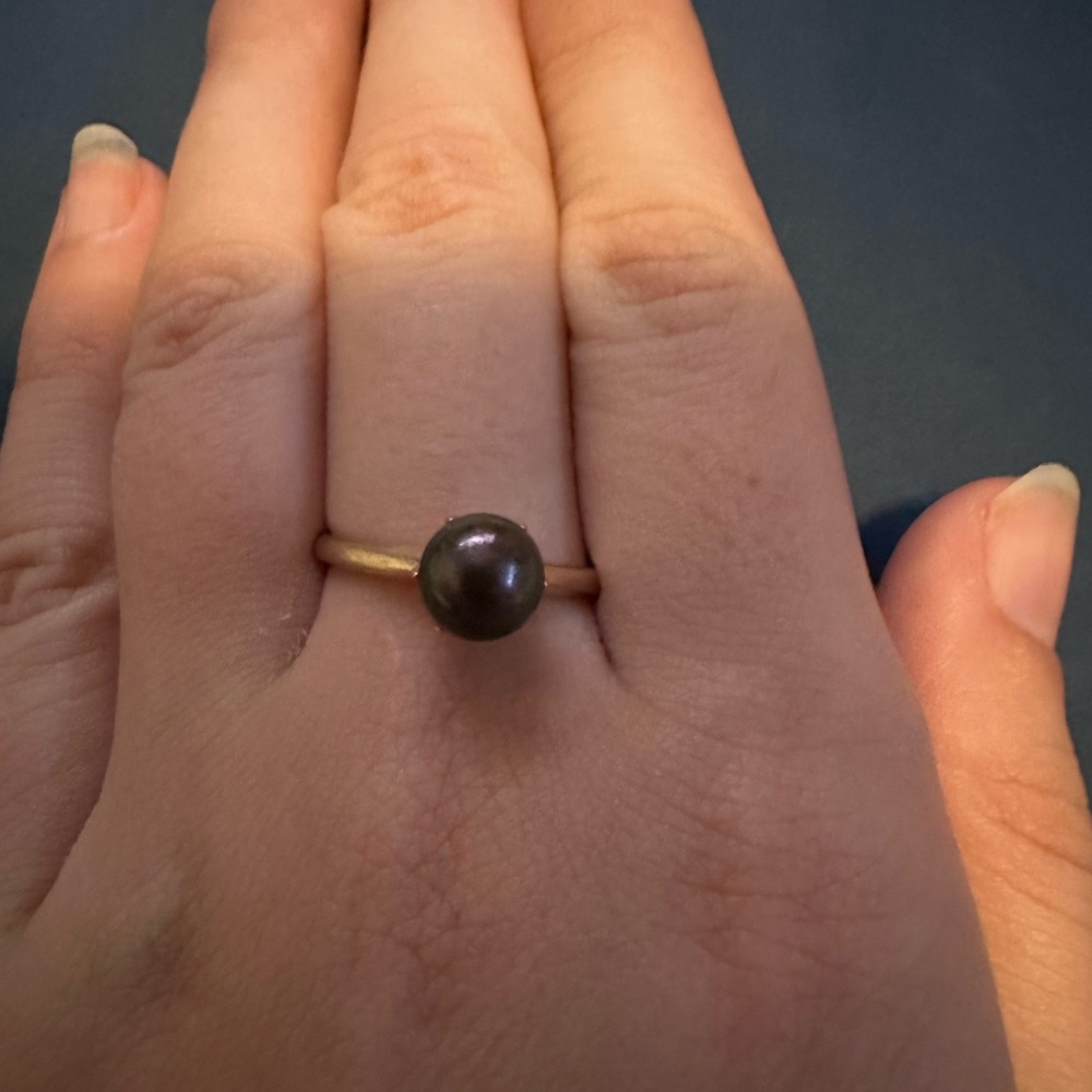 Minimalist Gold Ring with Dark Pearl Accent - Women's Jewelry